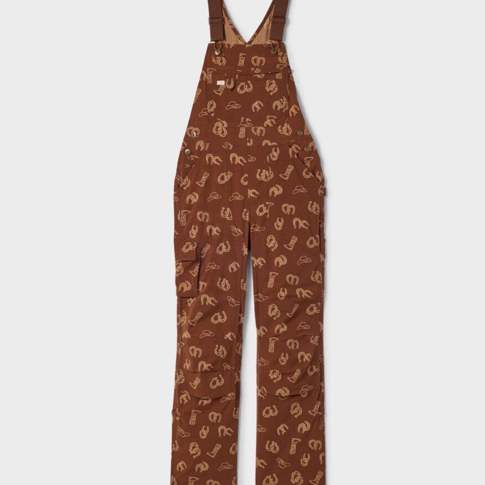 New Duluth Trading Co Brown Printed Denim Overalls with boots and horse shoes